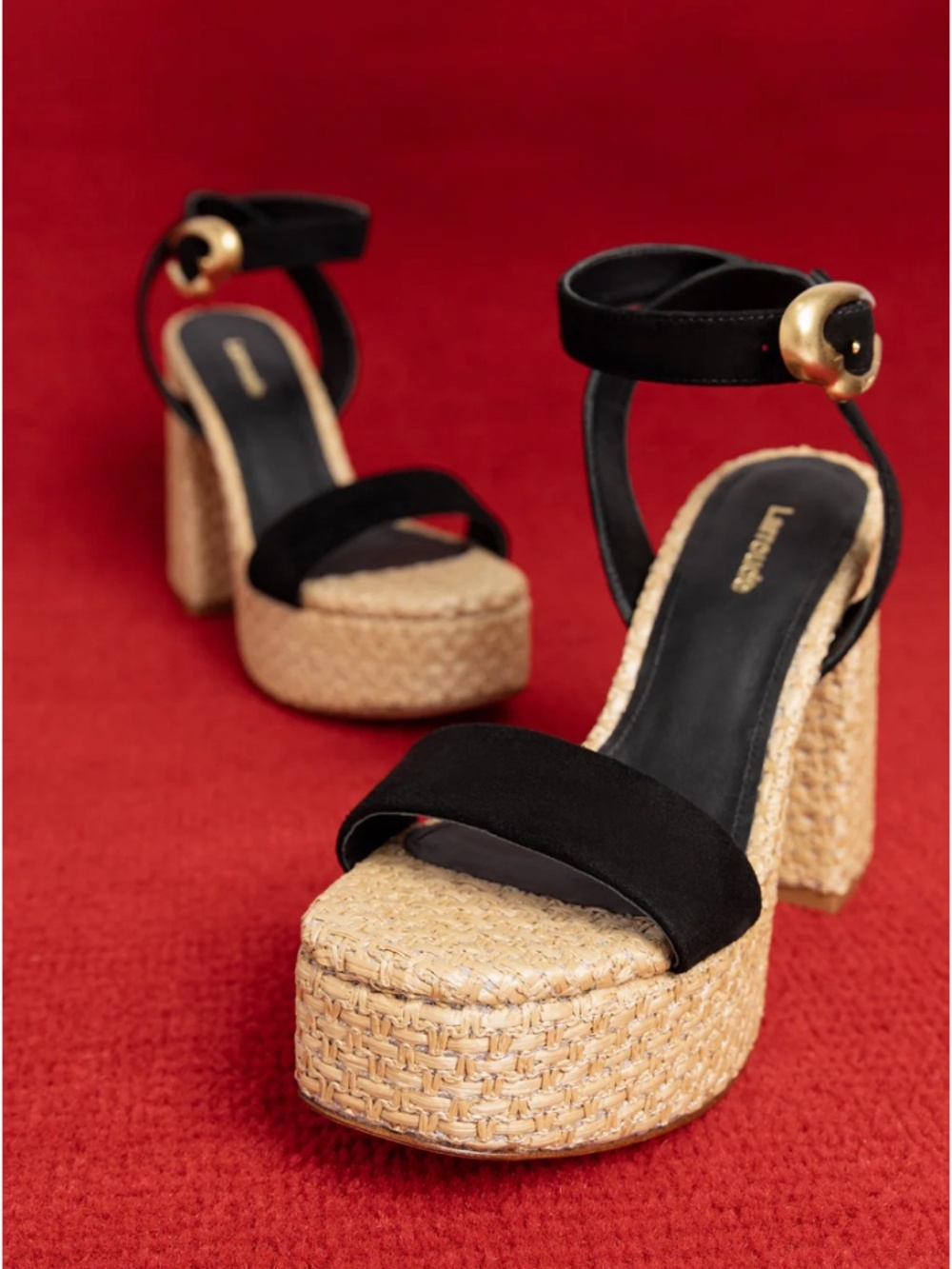 NWOB Larroude Dolly Verona Platform Sandal in Black Suede and Natural Raffia